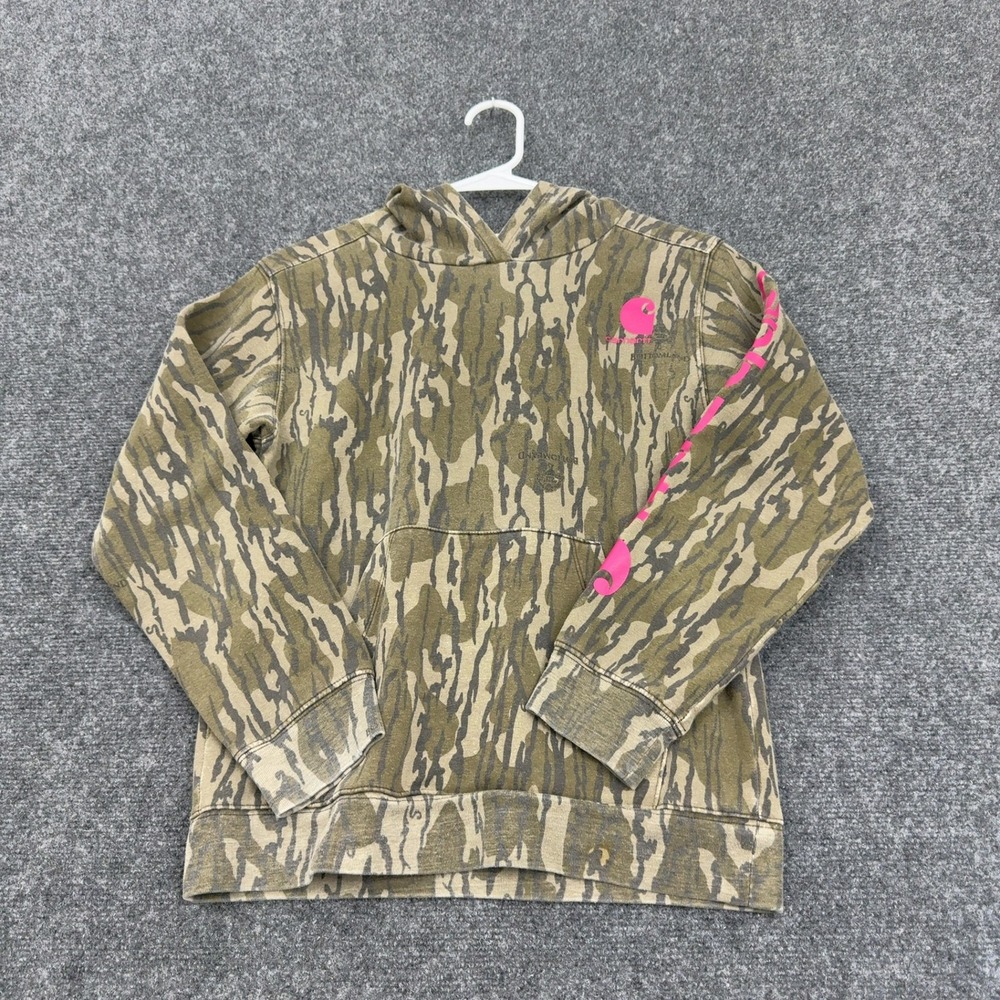 Carhartt Hoodie Youth M Brown Cotton Mossy Oak Bottomland Camo Pink Logo Outdoor